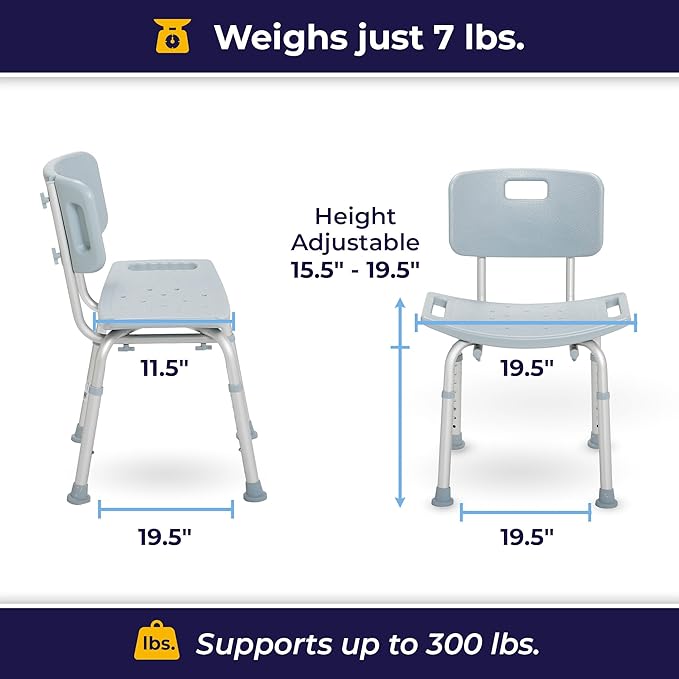 Shower Chair with Back for Post-Op Bathing — Adjustable Height, Non-Slip Feet & Drainage Seat by Drive Medical