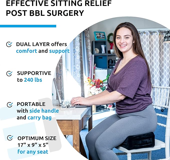BBL Recovery Pillow for Sitting — Post-Surgery Off-Loading Cushion with Dual-Layer Support, Non-Slip Base, Washable Cover &amp; Travel Bag