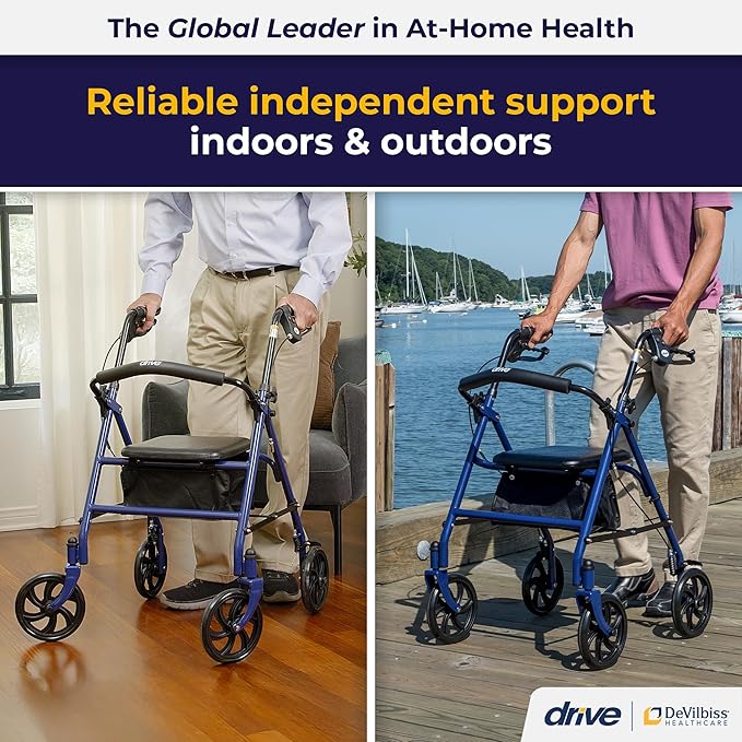 Post-Op 4-Wheel Rollator with Padded Seat — Height-Adjustable Walker, 7.5&quot; Wheels, Removable Backrest, Under-Seat Pouch