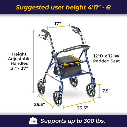 Post-Op 4-Wheel Rollator with Padded Seat — Height-Adjustable Walker, 7.5&quot; Wheels, Removable Backrest, Under-Seat Pouch