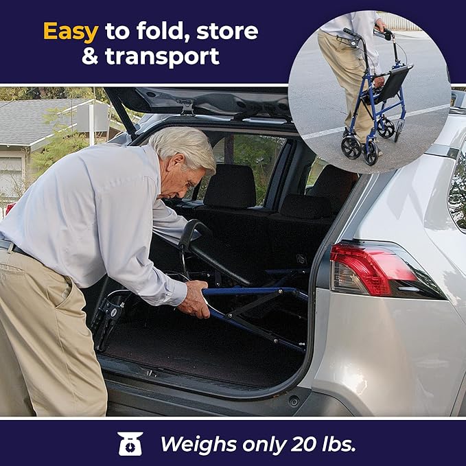 Post-Op 4-Wheel Rollator with Padded Seat — Height-Adjustable Walker, 7.5&quot; Wheels, Removable Backrest, Under-Seat Pouch