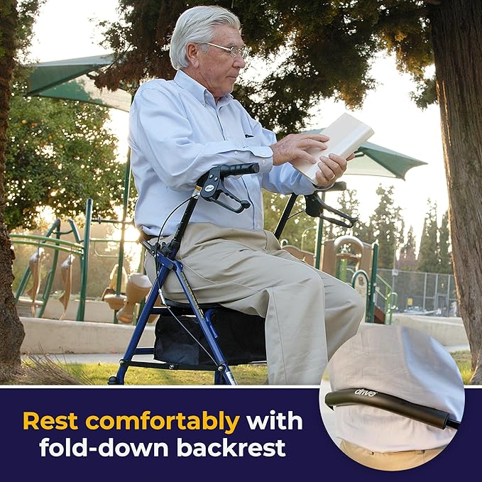 Post-Op 4-Wheel Rollator with Padded Seat — Height-Adjustable Walker, 7.5&quot; Wheels, Removable Backrest, Under-Seat Pouch