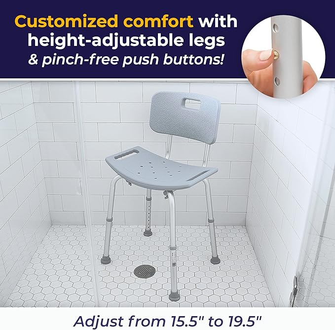 Shower Chair with Back for Post-Op Bathing — Adjustable Height, Non-Slip Feet &amp; Drainage Seat by Drive Medical