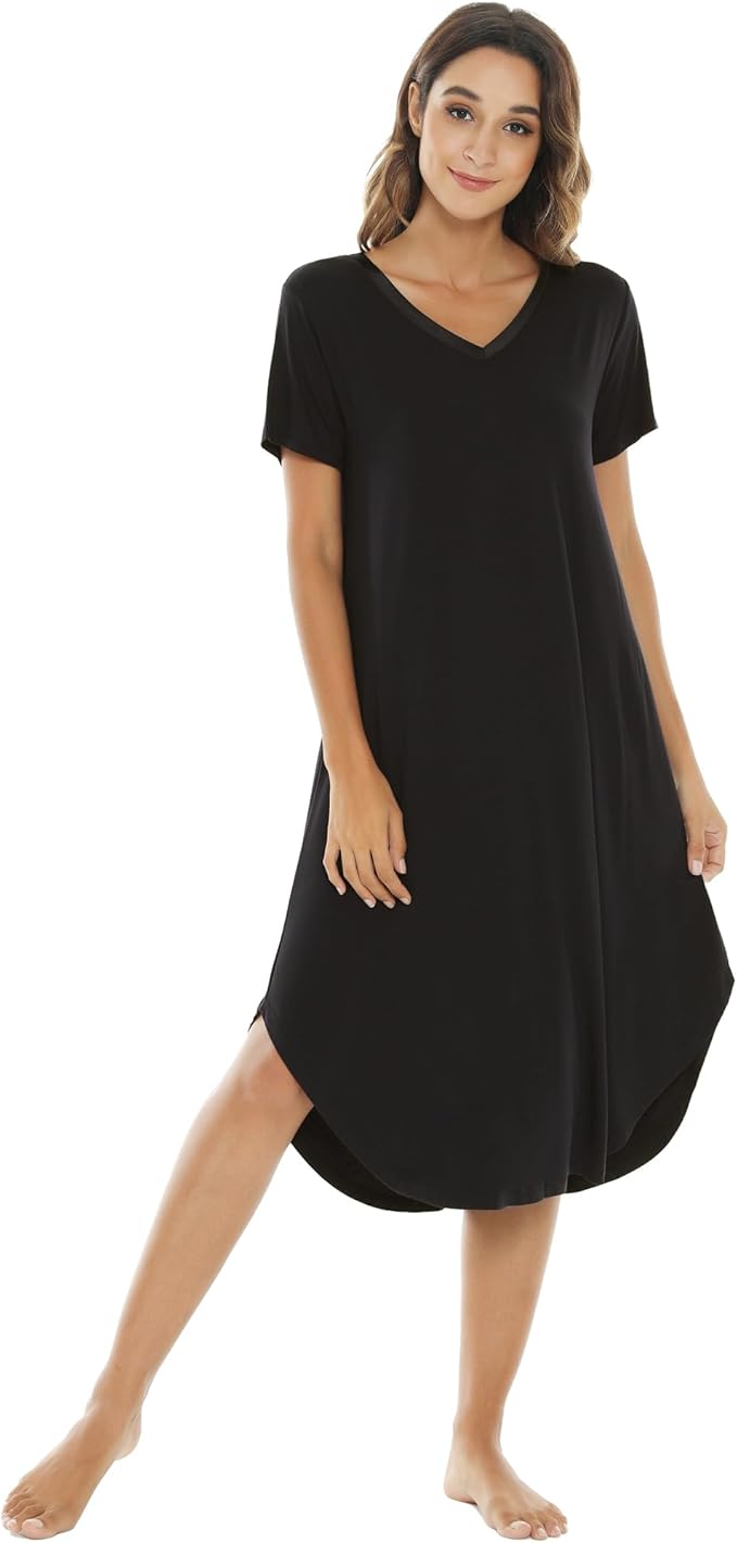 Women’s Nightgown, Viscose from Bamboo, V-Neck Short-Sleeve Nightshirt