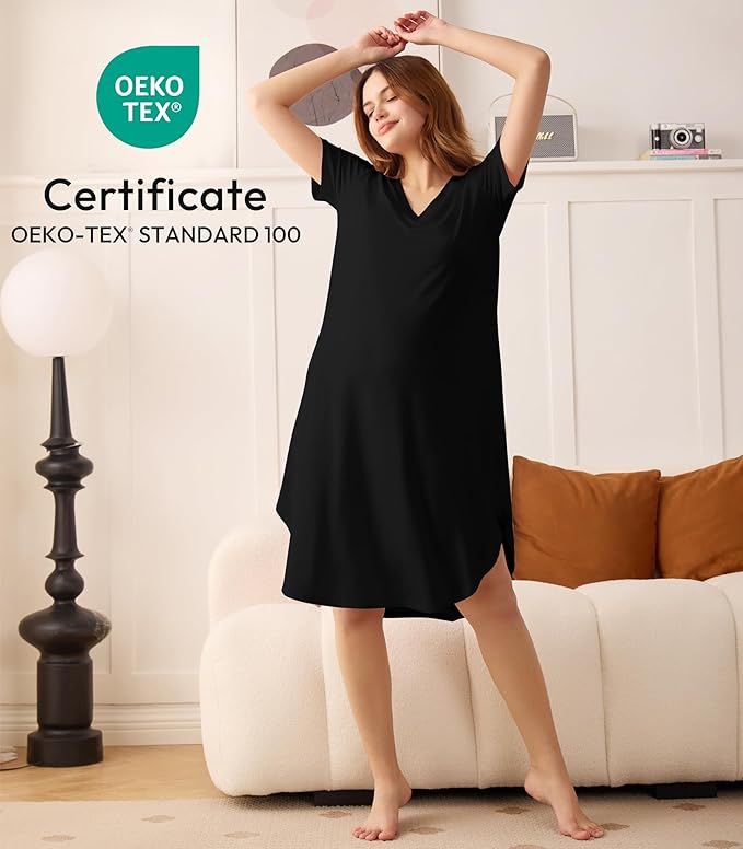 Women’s Nightgown, Viscose from Bamboo, V-Neck Short-Sleeve Nightshirt