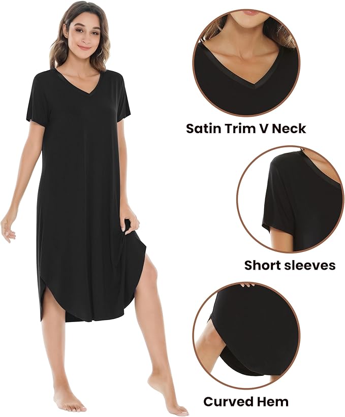 Women’s Nightgown, Viscose from Bamboo, V-Neck Short-Sleeve Nightshirt