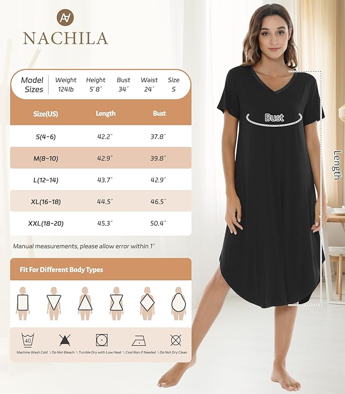 Women’s Nightgown, Viscose from Bamboo, V-Neck Short-Sleeve Nightshirt