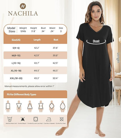 Women’s Nightgown, Viscose from Bamboo, V-Neck Short-Sleeve Nightshirt
